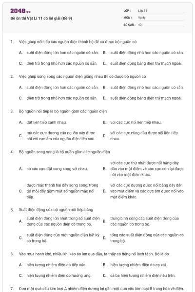 Đề ôn thi Vật Lí 11 có lời giải (Đề 9)