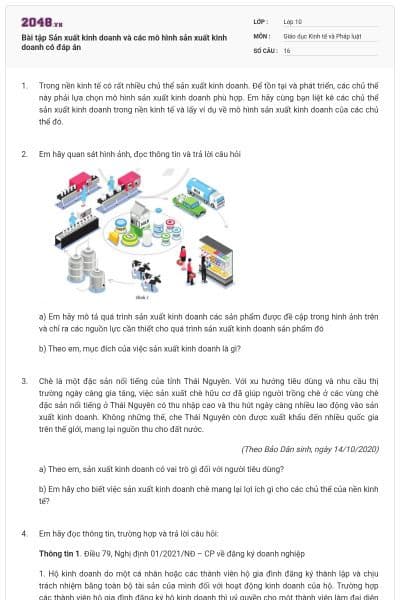 Bài tập Sản xuất kinh doanh và các mô hình sản xuất kinh doanh có đáp án