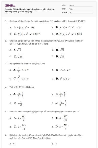 206 câu Bài tập Nguyên hàm, tích phân cơ bản, nâng cao cực hay có lời giải chi tiết (P5)