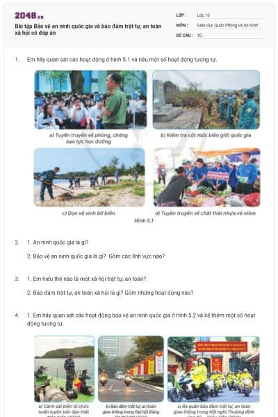 Bài tập Bảo vệ an ninh quốc gia và bảo đảm trật tự, an toàn xã hội có đáp án