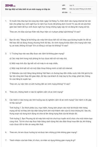 Bài tập Một số hiểu biết về an ninh mạng có đáp án