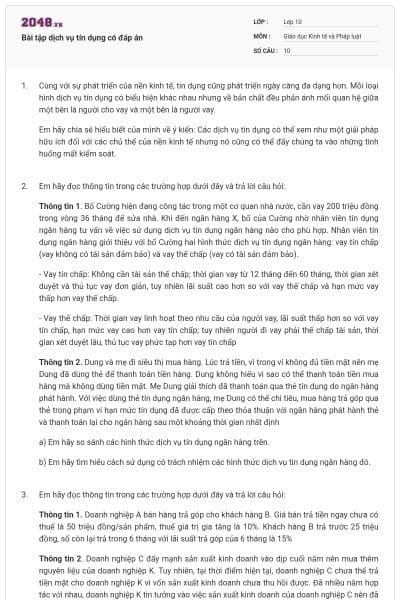 Bài tập dịch vụ tín dụng có đáp án