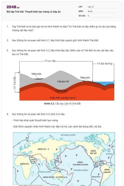 Bài tập Trái đất. Thuyết kiến tạo mảng có đáp án