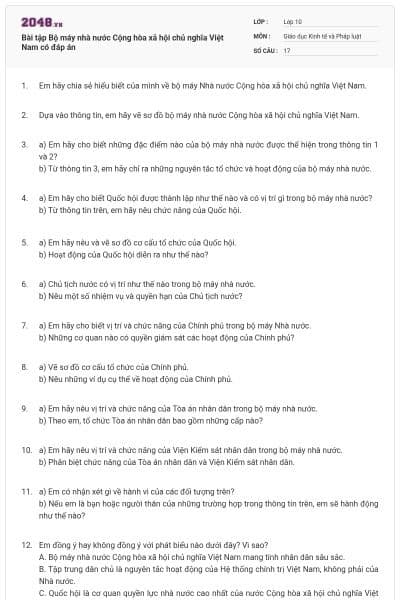 Bài tập Bộ máy nhà nước Cộng hòa xã hội chủ nghĩa Việt Nam có đáp án
