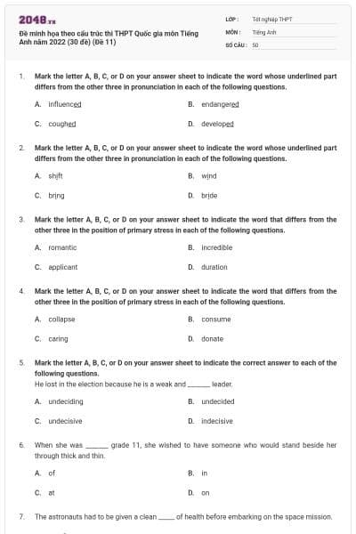 Đề minh họa theo cấu trúc thi THPT Quốc gia môn Tiếng Anh năm 2022 (30 đề) (Đề 11)