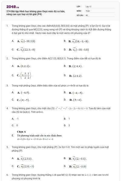 274 Bài tập Hình học không gian Oxyz mức độ cơ bản, nâng cao cực hay có lời giải (P4)