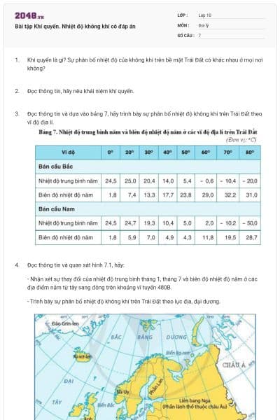 Bài tập Khí quyển. Nhiệt độ không khí có đáp án