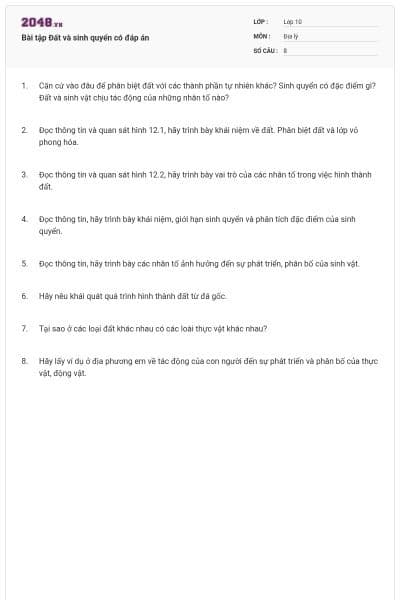 Bài tập Đất và sinh quyển có đáp án