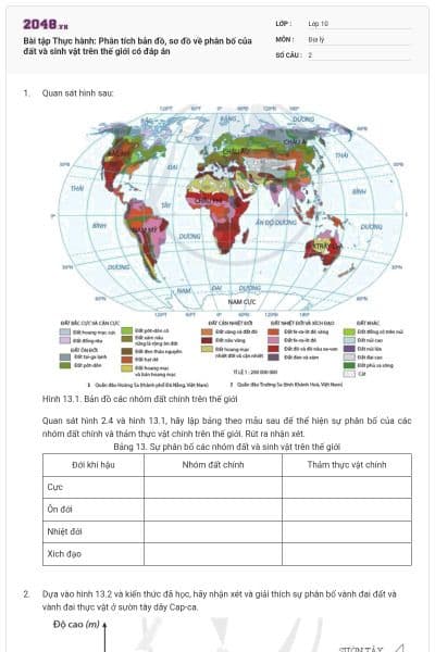Bài tập Thực hành: Phân tích bản đồ, sơ đồ về phân bố của đất và sinh vật trên thế giới có đáp án