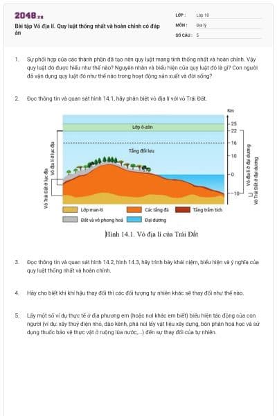 Bài tập Vỏ địa lí. Quy luật thống nhất và hoàn chỉnh có đáp án