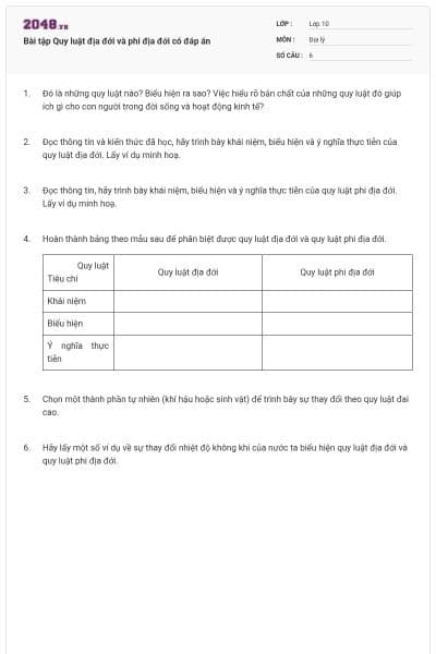 Bài tập Quy luật địa đới và phi địa đới có đáp án