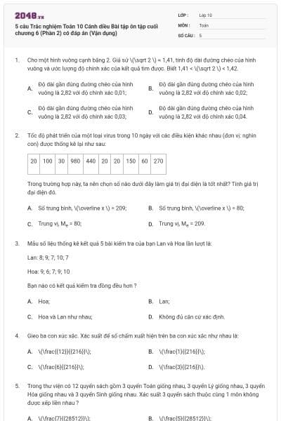 5 câu Trắc nghiệm Toán 10 Cánh diều Bài tập ôn tập cuối chương 6 (Phần 2) có đáp án (Vận dụng)