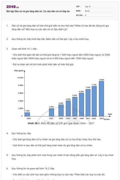 Bài tập Dân số và gia tăng dân số. Cơ cấu dân số có đáp án