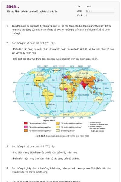 Bài tập Phân bố dân cư và đô thị hóa có đáp án