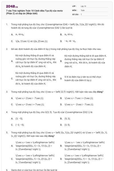 7 câu Trắc nghiệm Toán 10 Cánh diều Tọa độ của vectơ (Phần 2) có đáp án (Nhận biết)