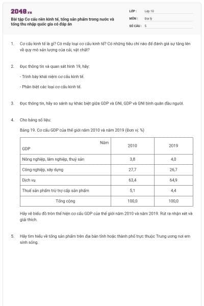 Bài tập Cơ cấu nền kinh tế, tổng sản phẩm trong nước và tổng thu nhập quốc gia có đáp án