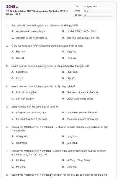 25 đề thi minh họa THPT Quốc gia môn Địa lí năm 2022 có lời giải - Đề 1