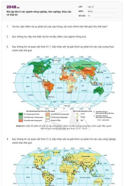 Bài tập Địa lí các ngành nông nghiệp, lâm nghiệp, thủy sản có đáp án
