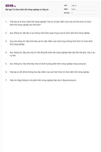 Bài tập Tổ chức lãnh thổ nông nghiệp có đáp án