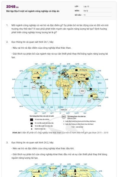Bài tập Địa lí một số ngành công nghiệp có đáp án