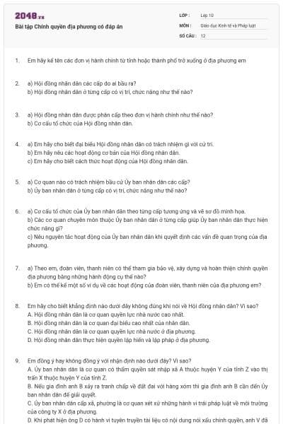 Bài tập Chính quyền địa phương có đáp án