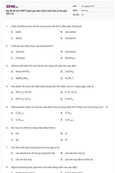 Bộ đề thi thử THPT Quốc gia năm 2022 môn Hóa có lời giải (Đề 14)