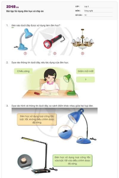Bài tập Sử dụng đèn học có đáp án