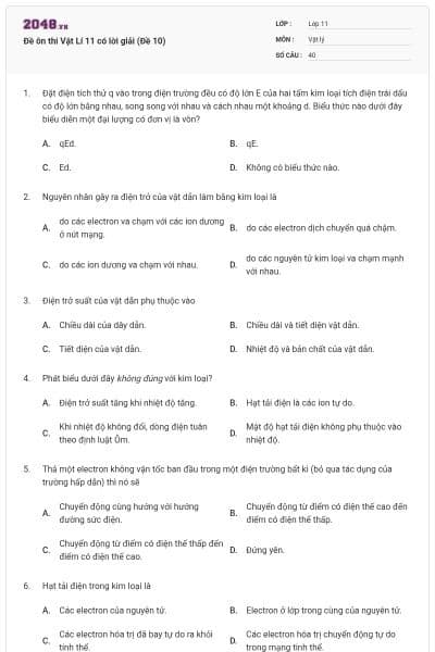 Đề ôn thi Vật Lí 11 có lời giải (Đề 10)