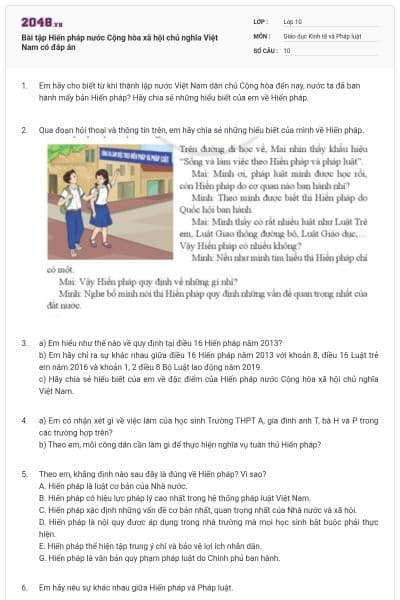 Bài tập Hiến pháp nước Cộng hòa xã hội chủ nghĩa Việt Nam có đáp án