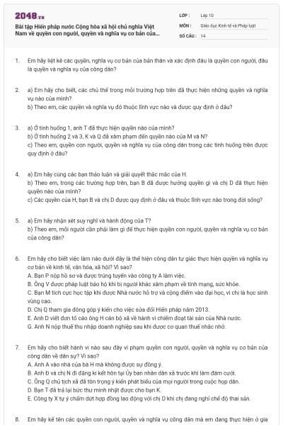 Bài tập Hiến pháp nước Cộng hòa xã hội chủ nghĩa Việt Nam về quyền con người, quyền và nghĩa vụ cơ bản của công dân có đáp án