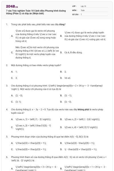7 câu Trắc nghiệm Toán 10 Cánh diều Phương trình đường thẳng (Phần 2) có đáp án (Nhận biết)