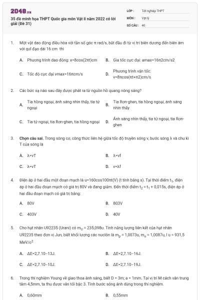 35 đề minh họa THPT Quốc gia môn Vật lí năm 2022 có lời giải (Đề 31)