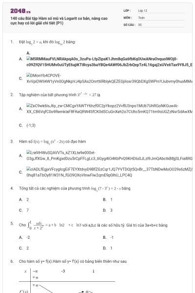 140 câu Bài tập Hàm số mũ và Logarit cơ bản, nâng cao cực hay có lời giải chi tiết (P1)