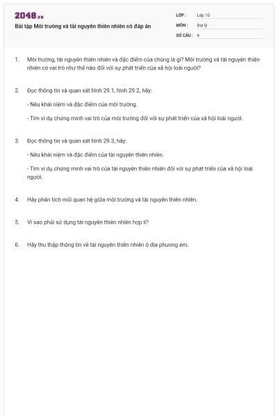 Bài tập Môi trường và tài nguyên thiên nhiên có đáp án