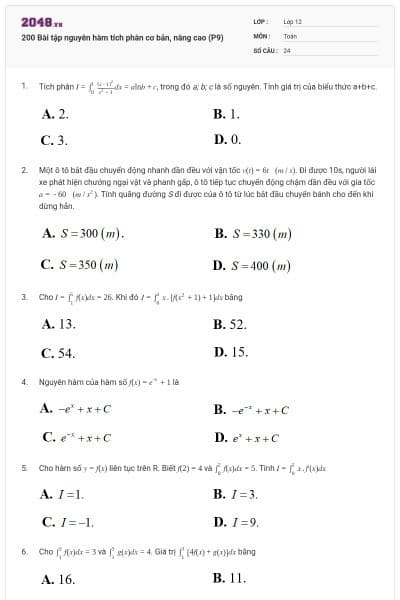 200 Bài tập nguyên hàm tích phân cơ bản, nâng cao (P9)