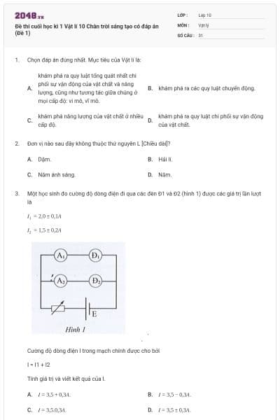 Đề thi cuối học kì 1 Vật lí 10 Chân trời sáng tạo có đáp án (Đề 1)