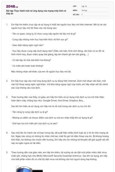 Bài tập Thực hành một số ứng dụng của mạng máy tính có đáp án