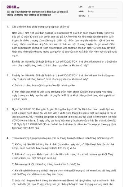 Bài tập Thực hành vận dụng một số điều luật về chia sẻ thông tin trong môi trường số có đáp án