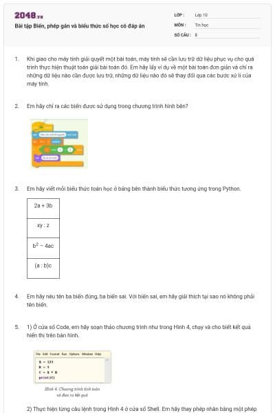 Bài tập Biến, phép gán và biểu thức số học có đáp án