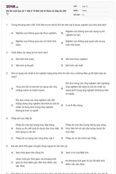 Đề thi cuối học kì 1 Vật lí 10 Kết nối tri thức có đáp án (Đề 1)