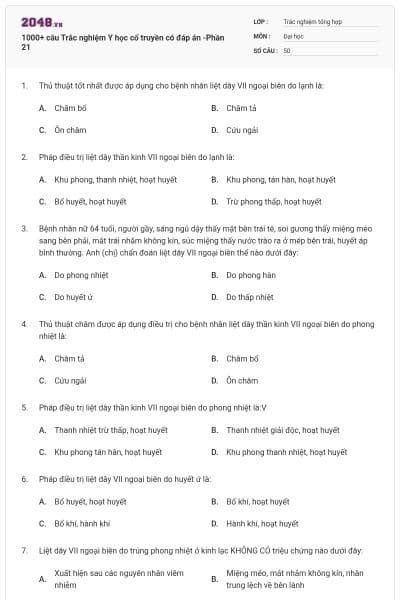 1000+ câu Trắc nghiệm Y học cổ truyền có đáp án -Phần 21
