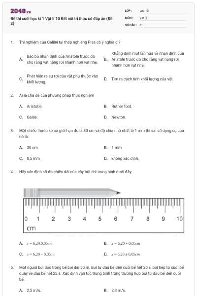 Đề thi cuối học kì 1 Vật lí 10 Kết nối tri thức có đáp án (Đề 2)