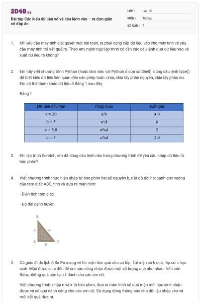 Bài tập Các kiểu dữ liệu số và câu lệnh vào – ra đơn giản có đáp án