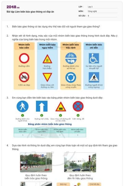Bài tập Làm biển báo giao thông có đáp án