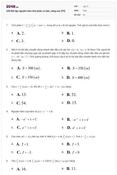 200 Bài tập nguyên hàm tích phân cơ bản, nâng cao (P9)