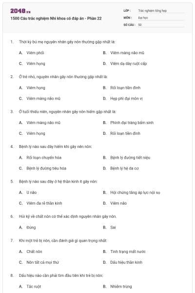 1500 Câu trắc nghiệm Nhi khoa có đáp án - Phần 22