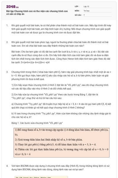 Bài tập Chương trình con và thư viện các chương trình con có sẵn có đáp án