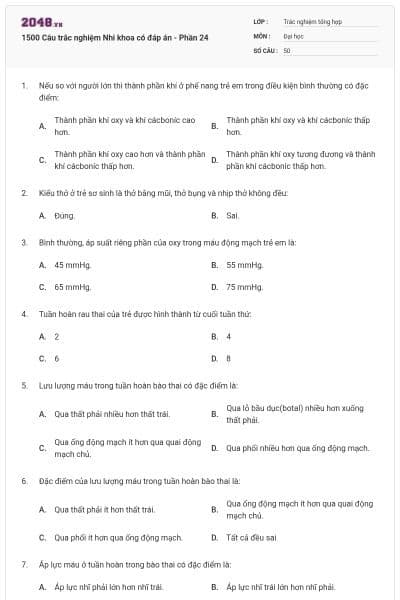 1500 Câu trắc nghiệm Nhi khoa có đáp án - Phần 24
