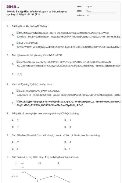 140 câu Bài tập Hàm số mũ và Logarit cơ bản, nâng cao cực hay có lời giải chi tiết (P1)