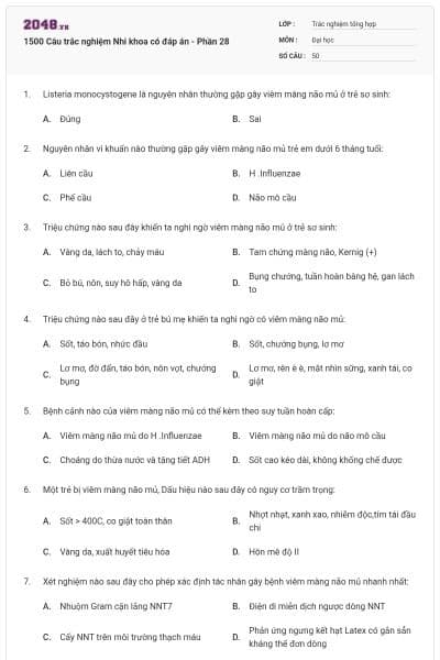 1500 Câu trắc nghiệm Nhi khoa có đáp án - Phần 28